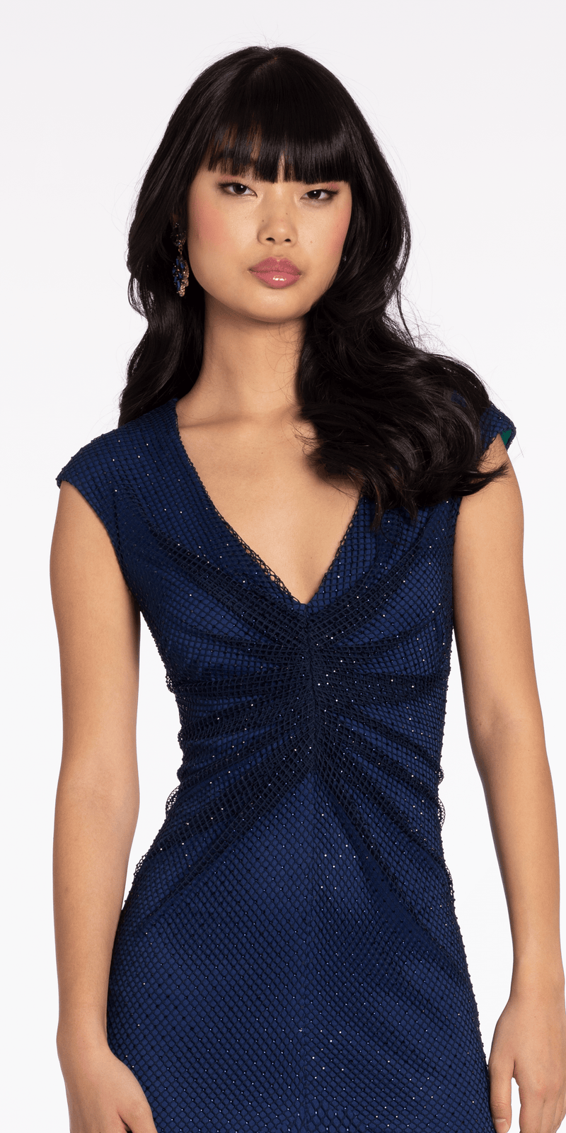 Fishnet Cap Sleeve V Neck Column Dress with Front Slit - Camille La Vie