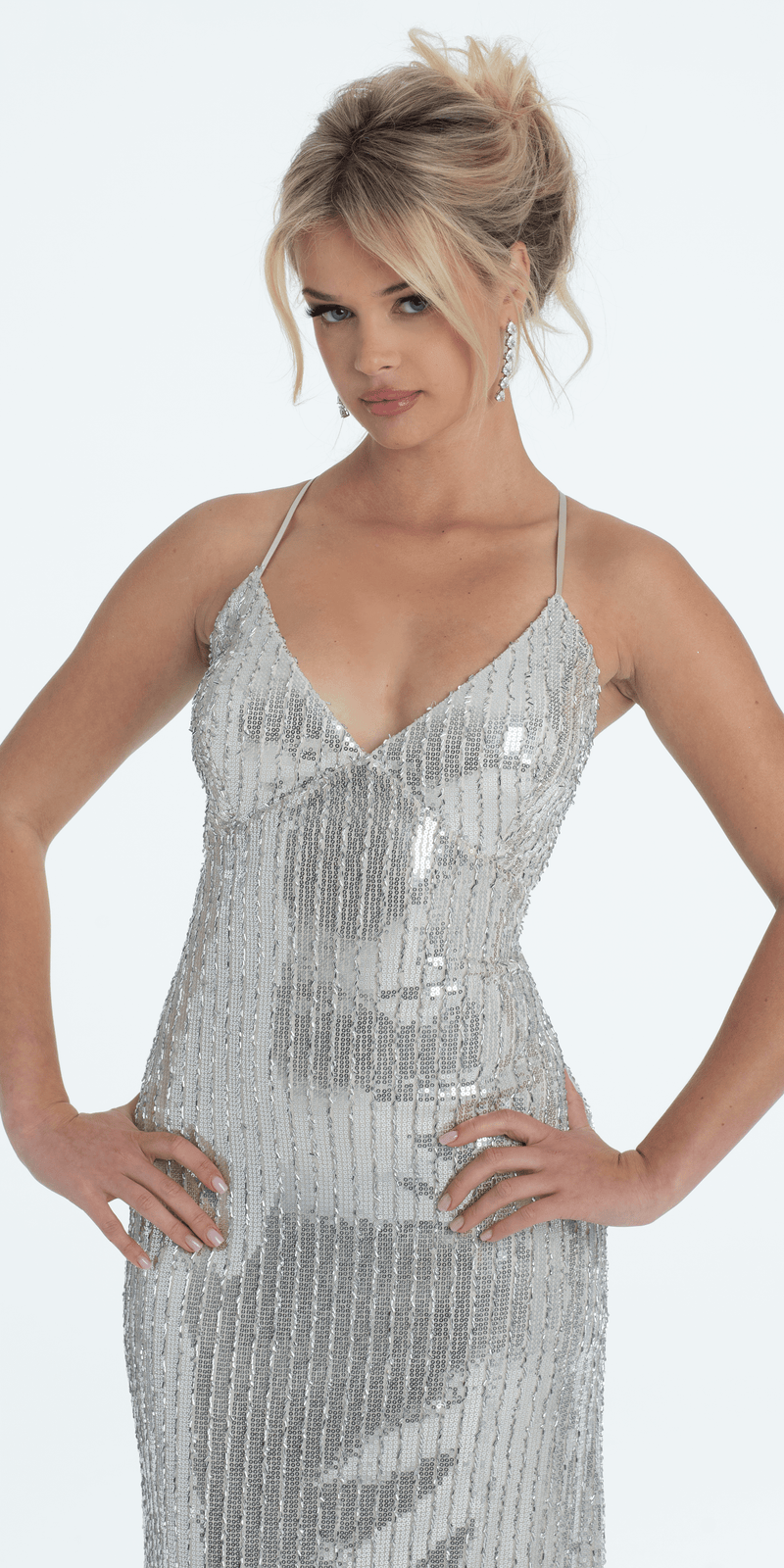 champagne/size/ 4/missy/Camille La Vie/Sequin Tie Back Column Dress /close up alt