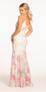 Pastel Floral V Neck Corset Mesh Trumpet Dress with Mesh Godets - Camille La Vie