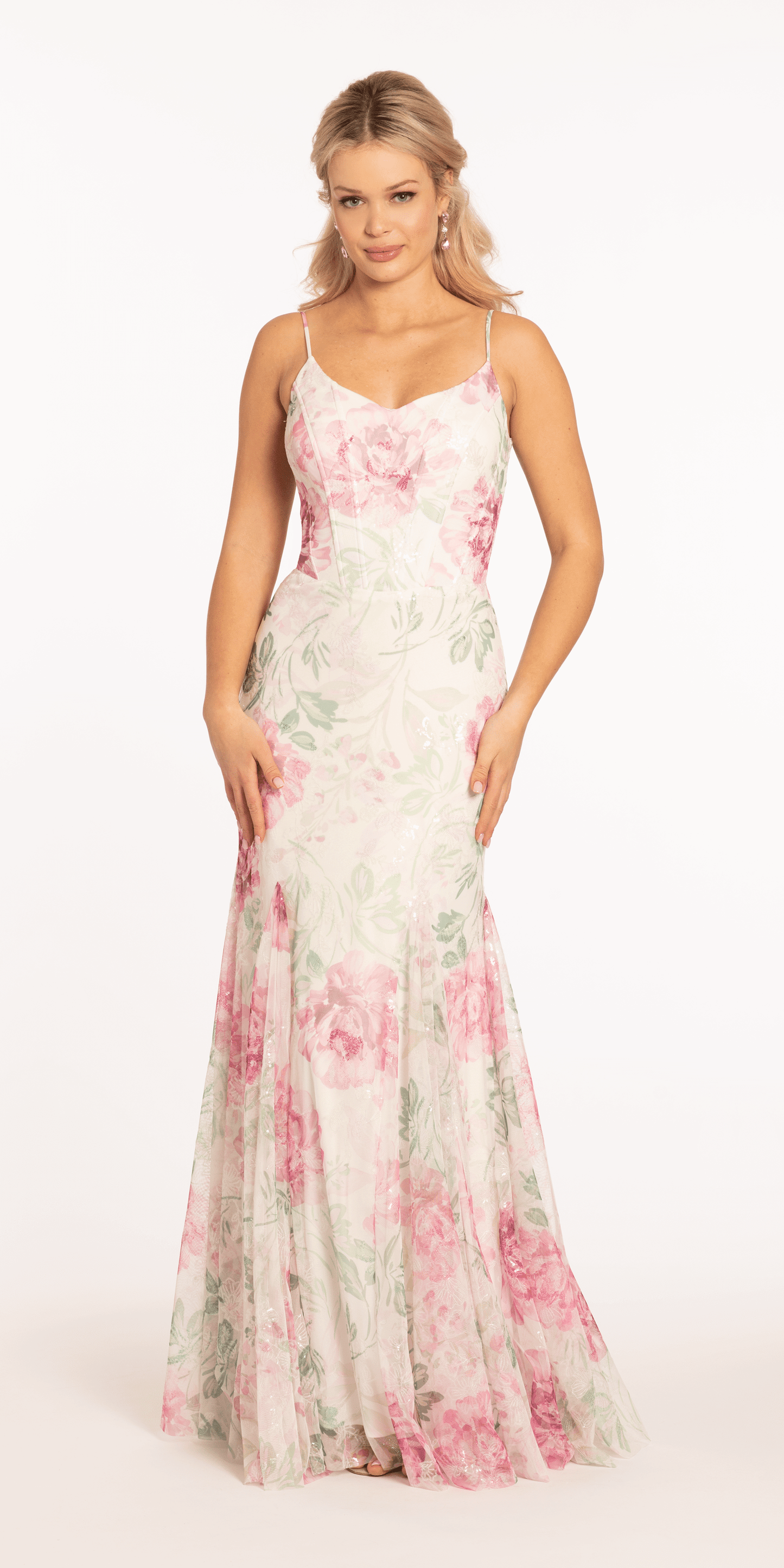 Pastel Floral V Neck Corset Mesh Trumpet Dress with Mesh Godets - Camille La Vie