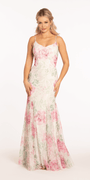 Pastel Floral V Neck Corset Mesh Trumpet Dress with Mesh Godets - Camille La Vie