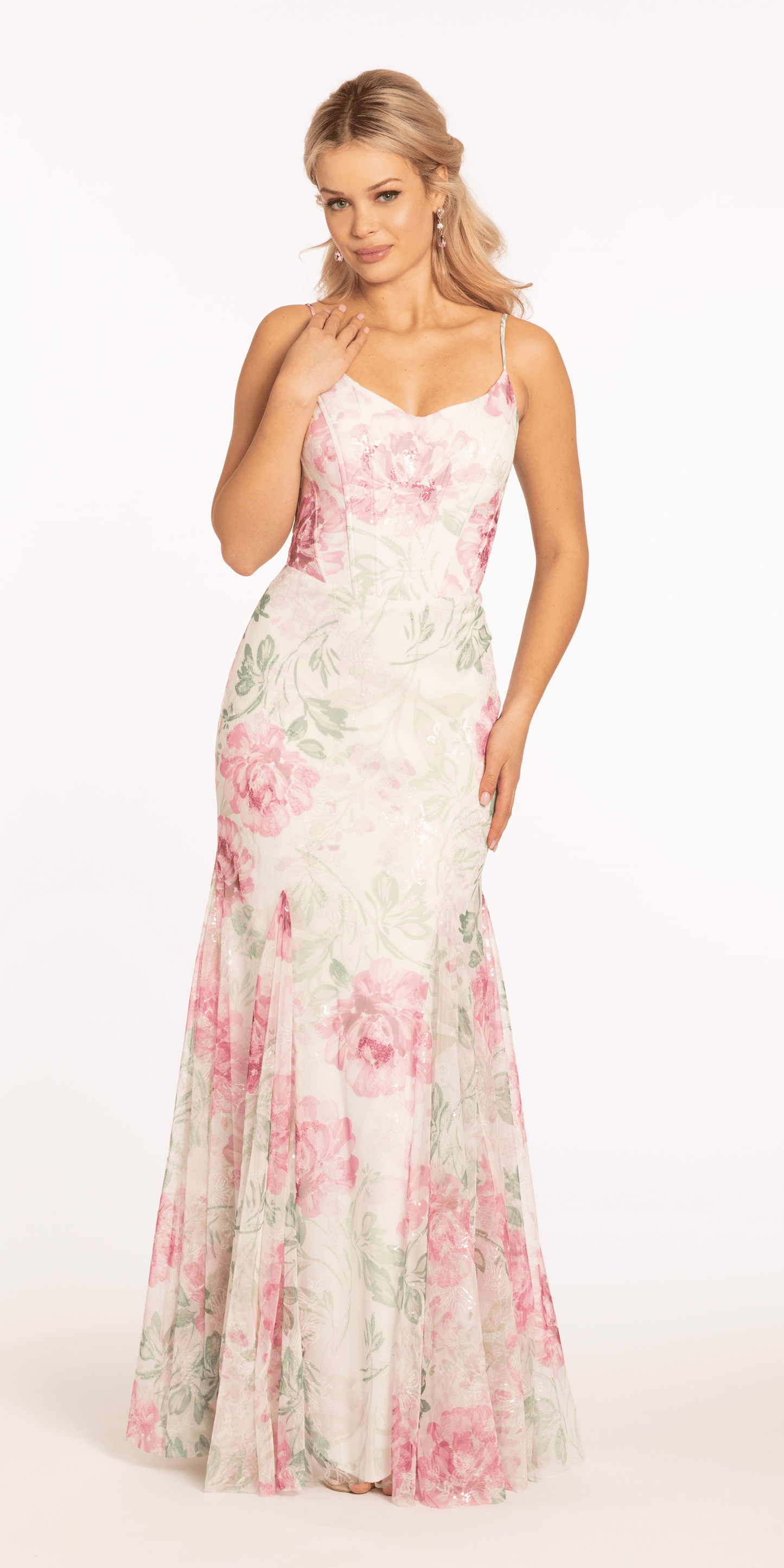 Pastel Floral V Neck Corset Mesh Trumpet Dress with Mesh Godets - Camille La Vie