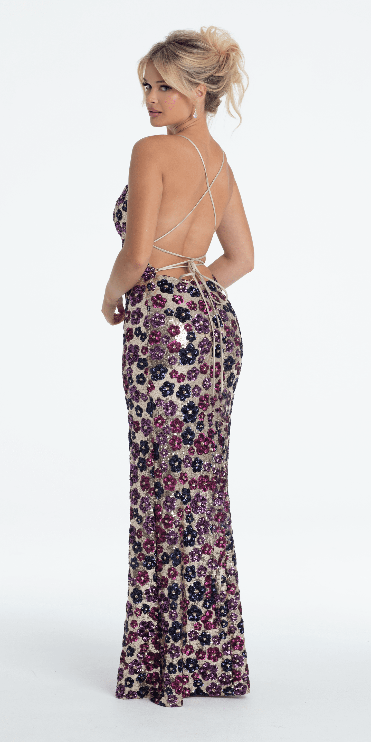 Strappy Back Sequin Daisy Column Dress with Side Slit - Camille La Vie