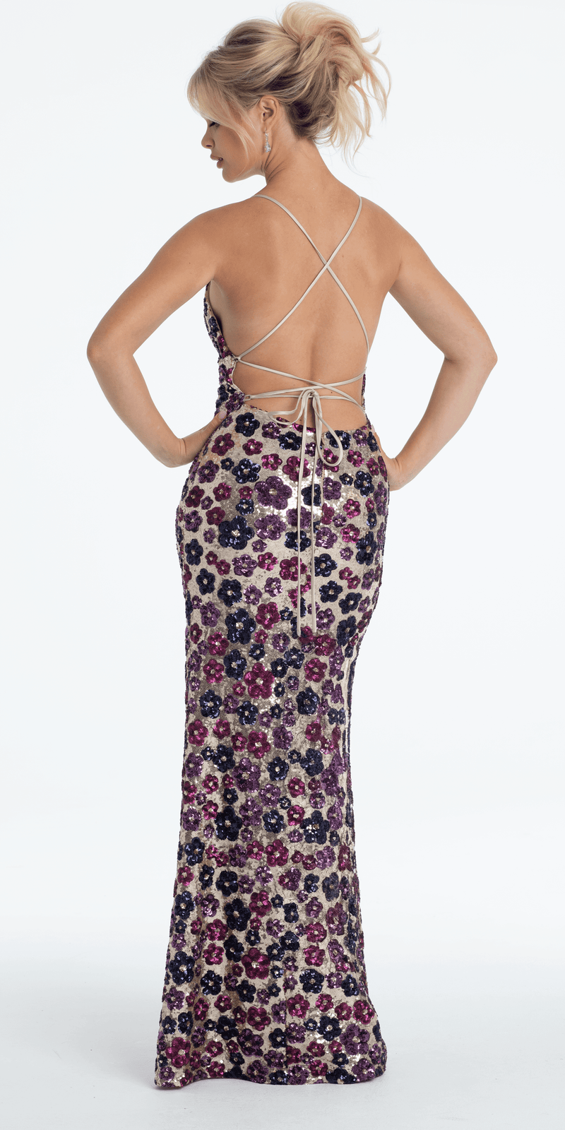 Strappy Back Sequin Daisy Column Dress with Side Slit - Camille La Vie