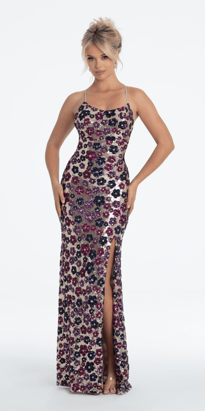 Strappy Back Sequin Daisy Column Dress with Side Slit - Camille La Vie