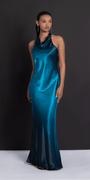 Satin Ombre Drape Neck Halter Column Dress - Camille La Vie