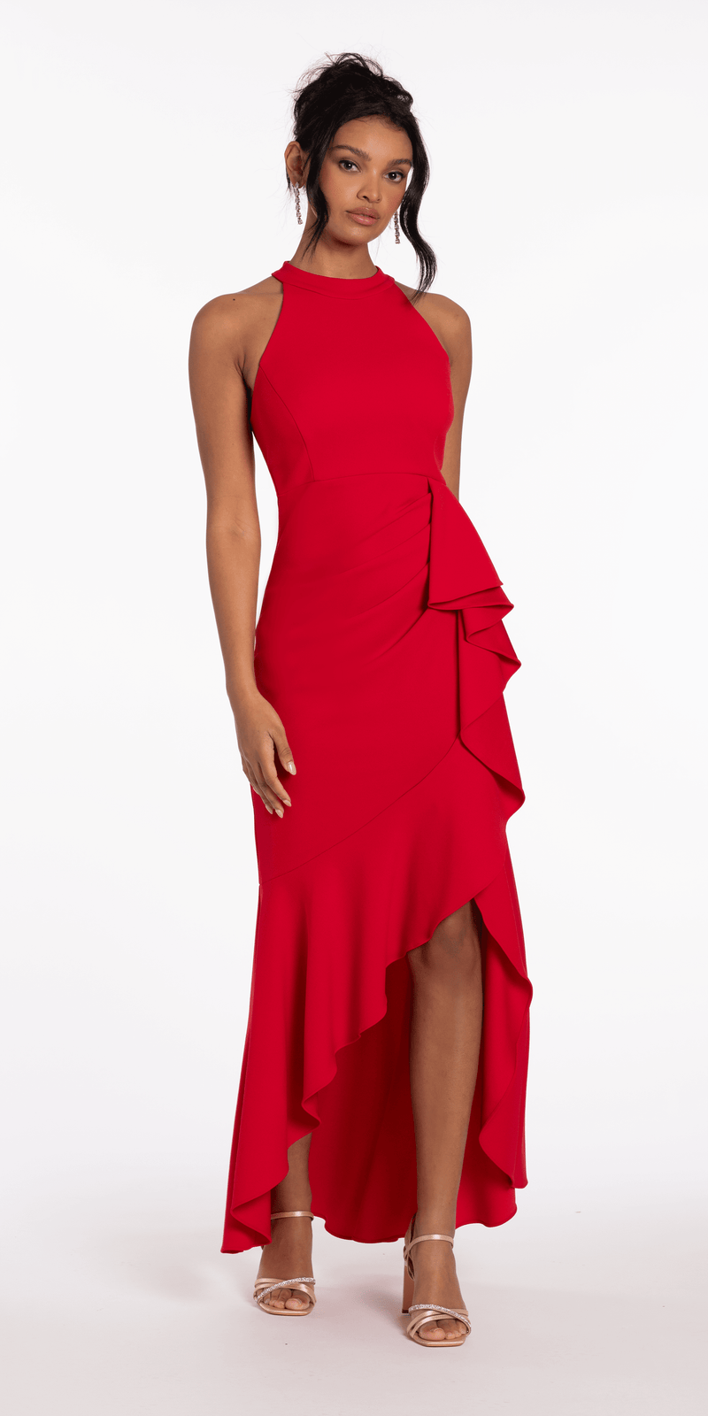 Crepe Racer Back Halter High-Low Dress with Side Cascade - Camille La Vie