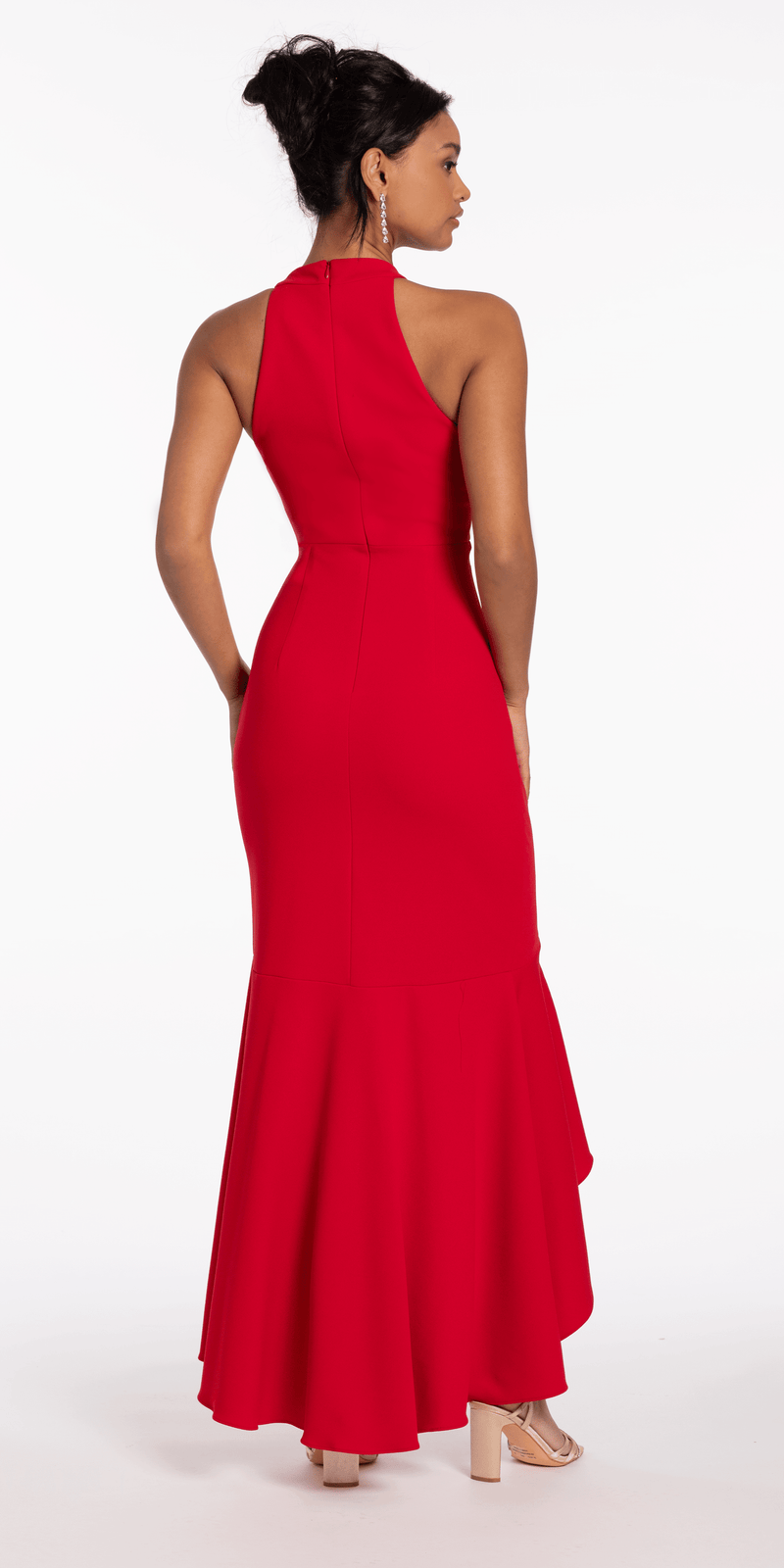 Crepe Racer Back Halter High-Low Dress with Side Cascade - Camille La Vie
