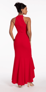 Crepe Racer Back Halter High-Low Dress with Side Cascade - Camille La Vie