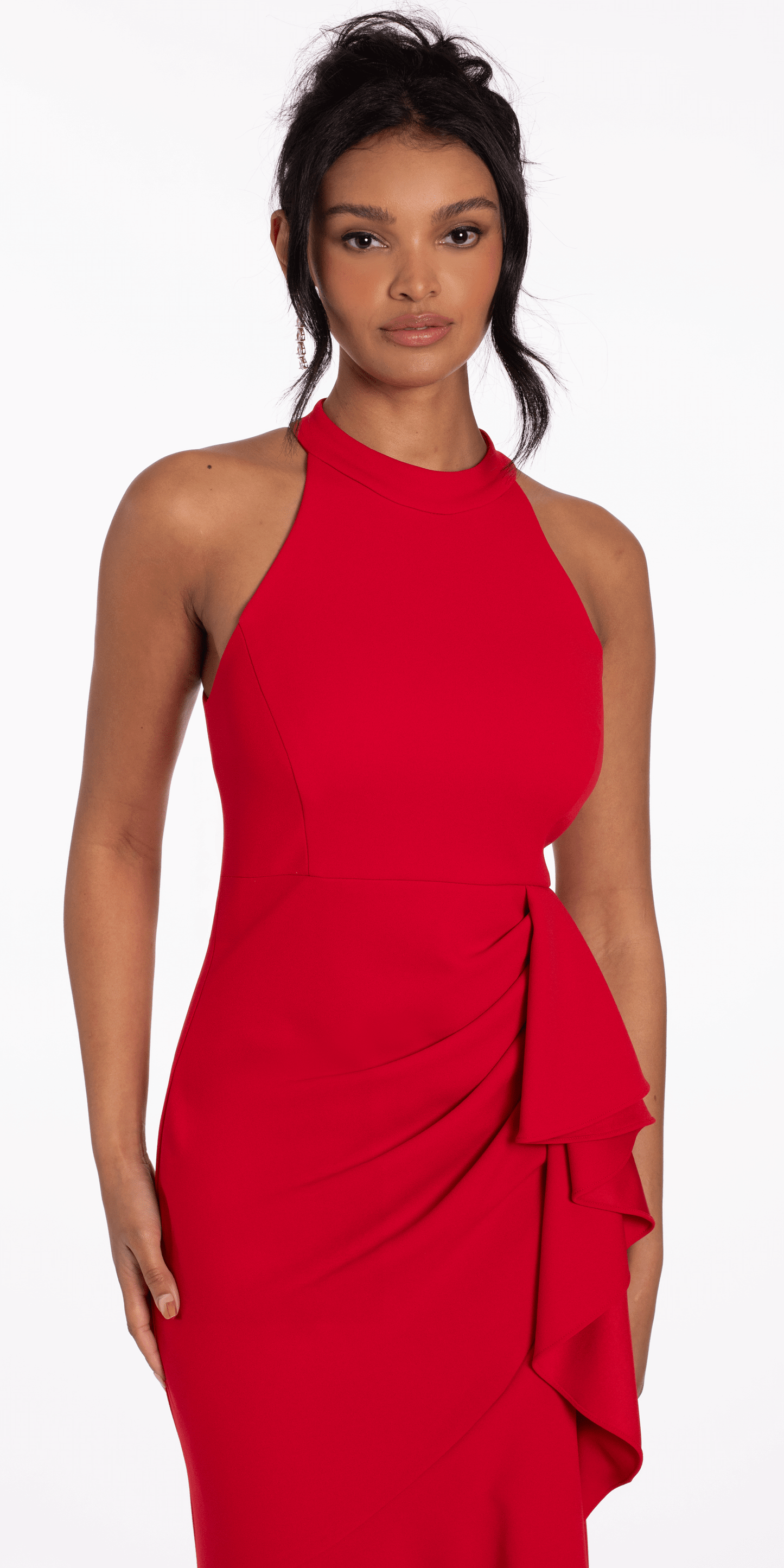 Crepe Racer Back Halter High-Low Dress with Side Cascade - Camille La Vie