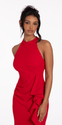 Crepe Racer Back Halter High-Low Dress with Side Cascade - Camille La Vie