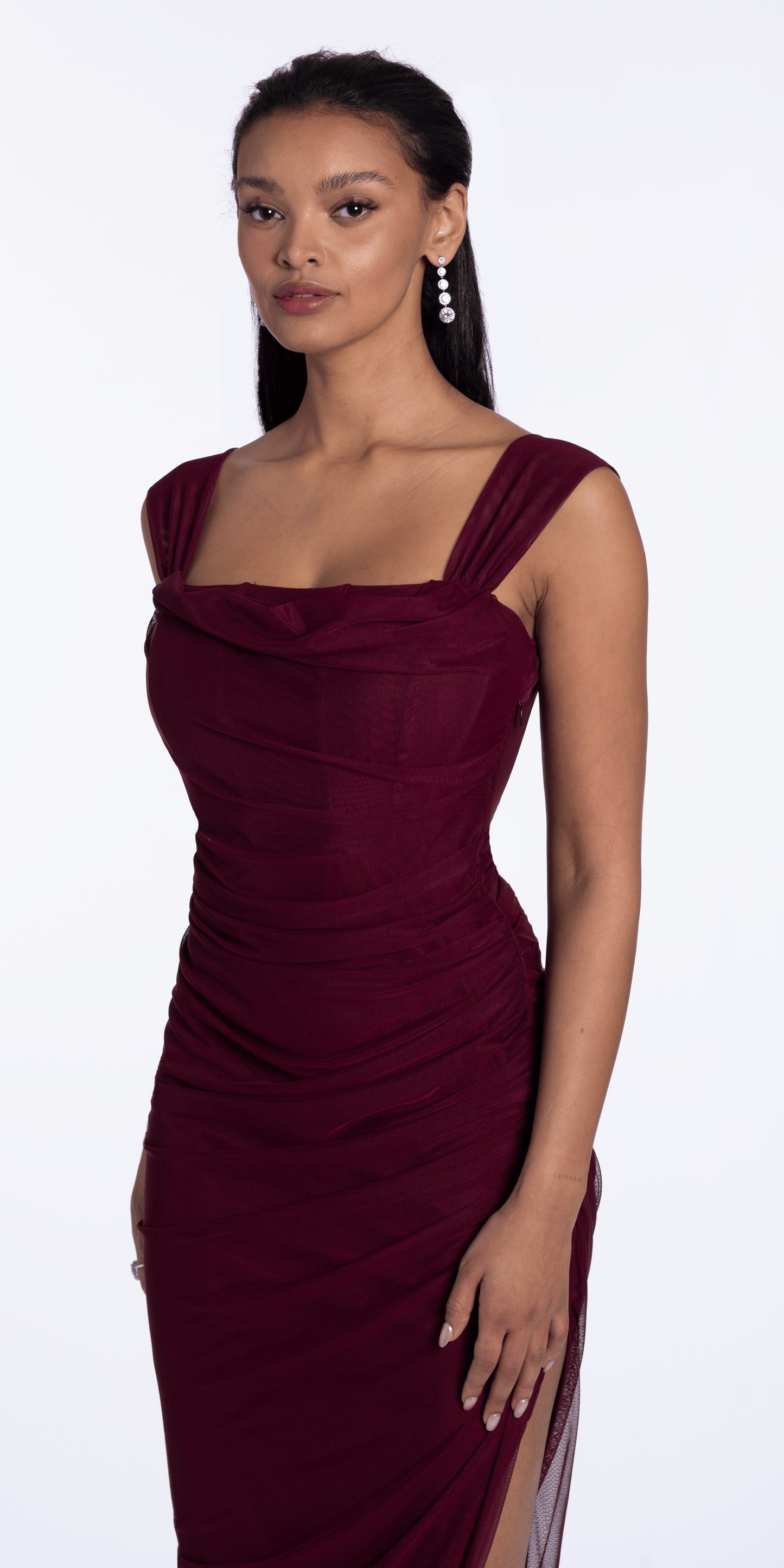 Mesh Square Neck Drape Corset Column Dress with Ruching - Camille La Vie