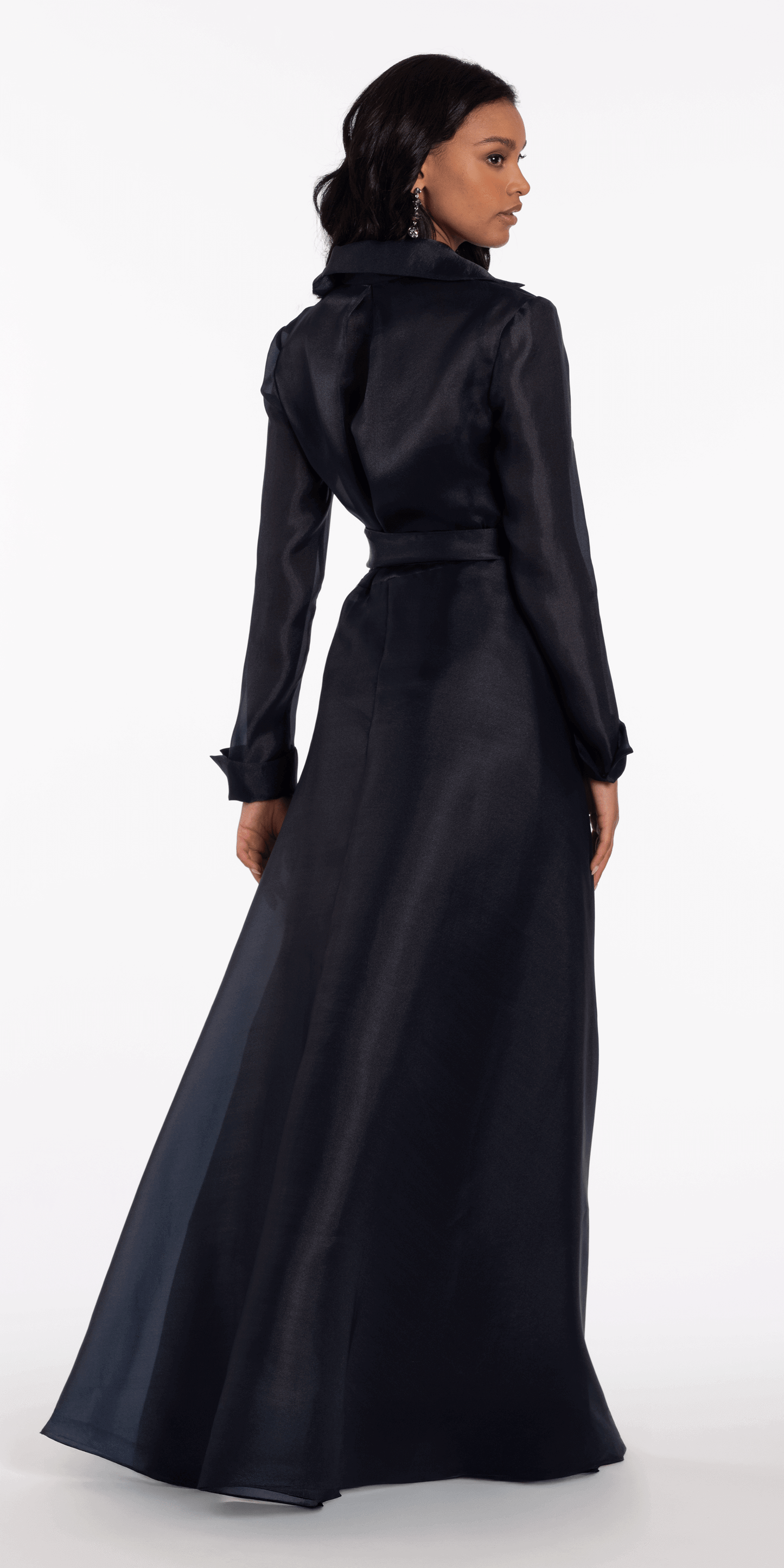Organza Long Sleeve V Neck A Line Dress with Bow - Camille La Vie