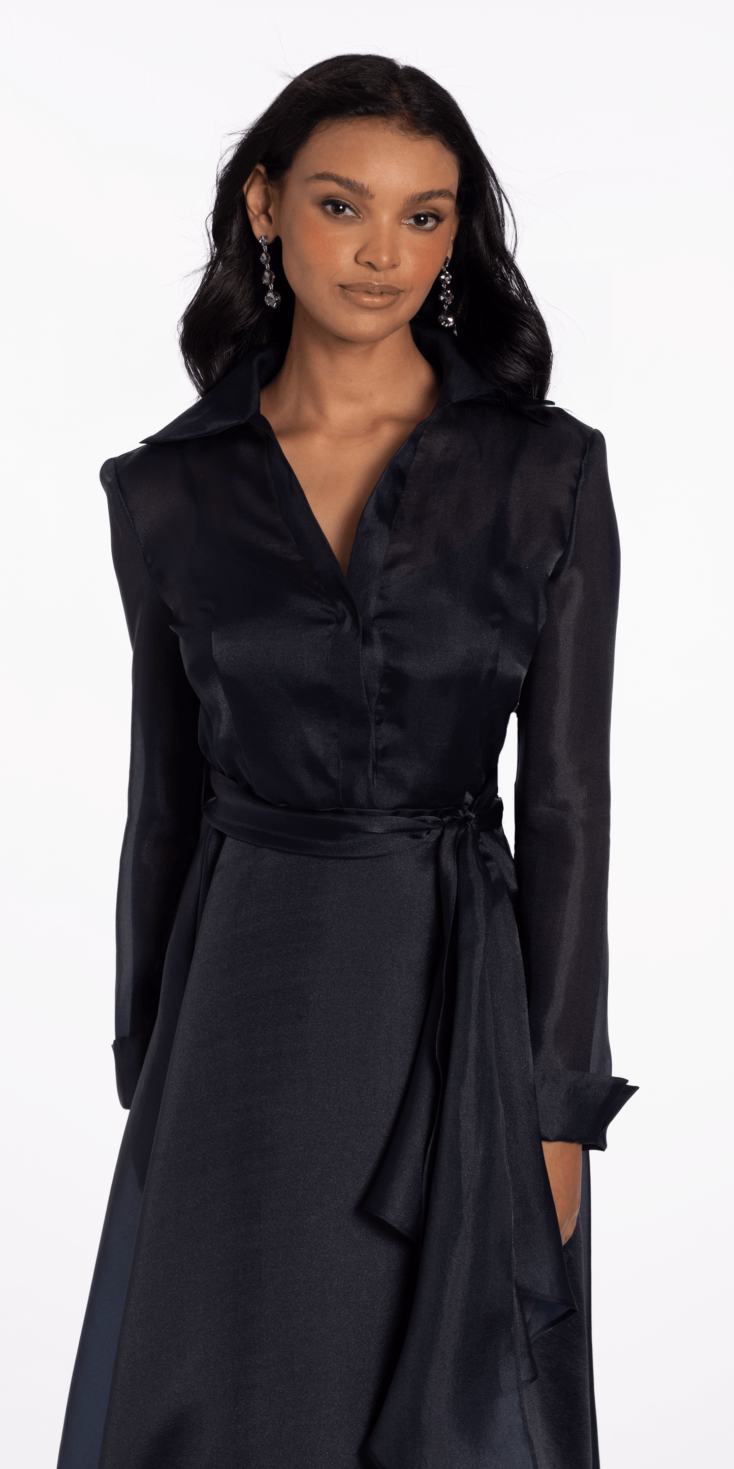 Organza Long Sleeve V Neck A Line Dress with Bow - Camille La Vie
