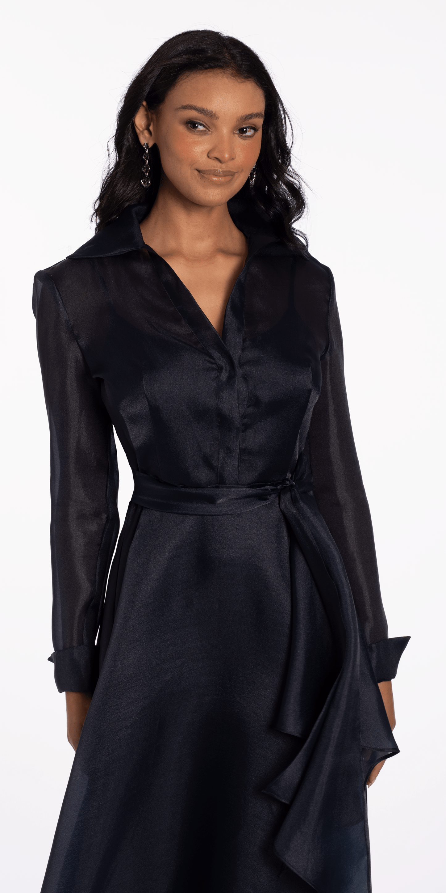 Organza Long Sleeve V Neck A Line Dress with Bow - Camille La Vie
