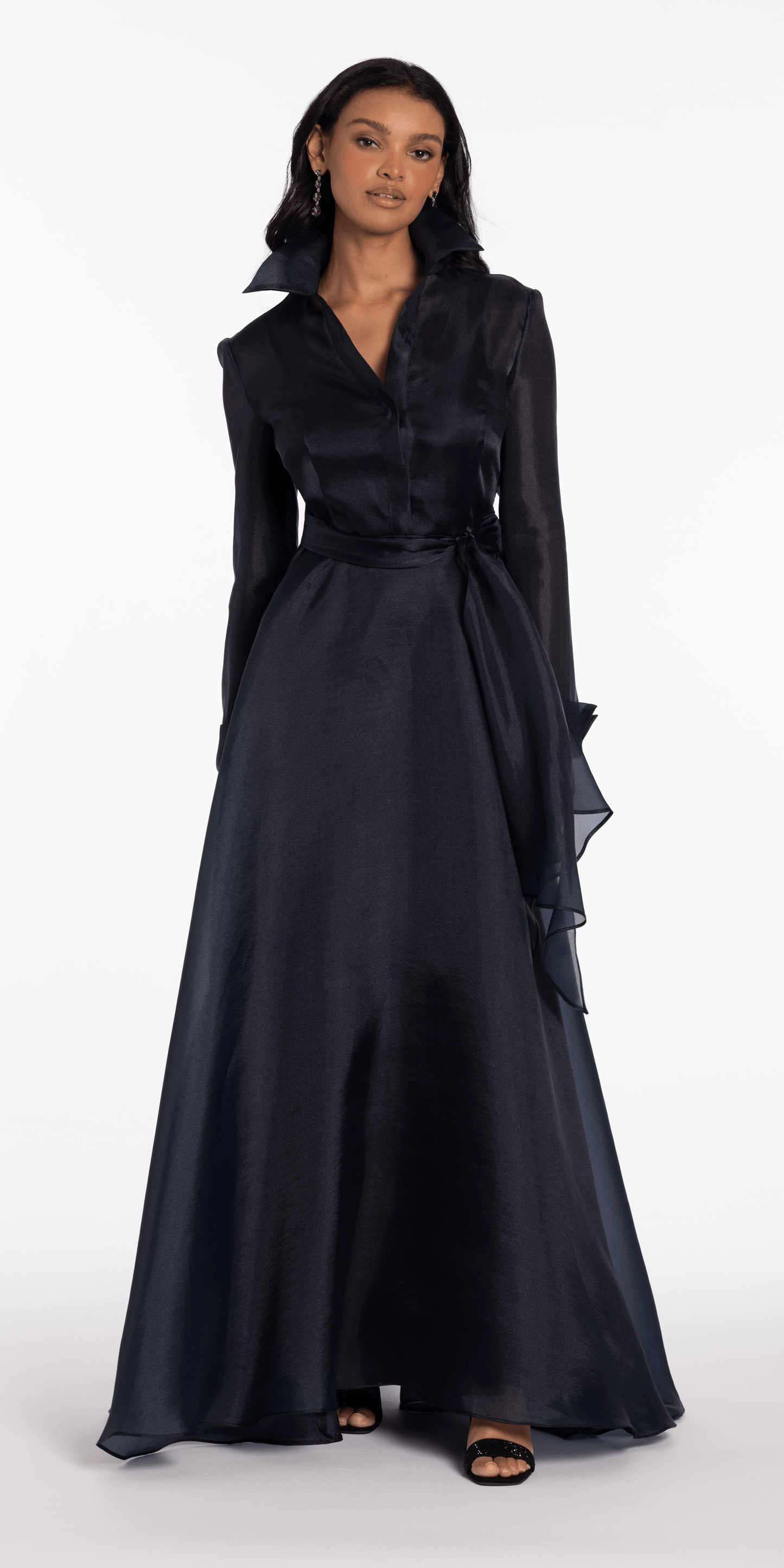 Organza Long Sleeve V Neck A Line Dress with Bow - Camille La Vie