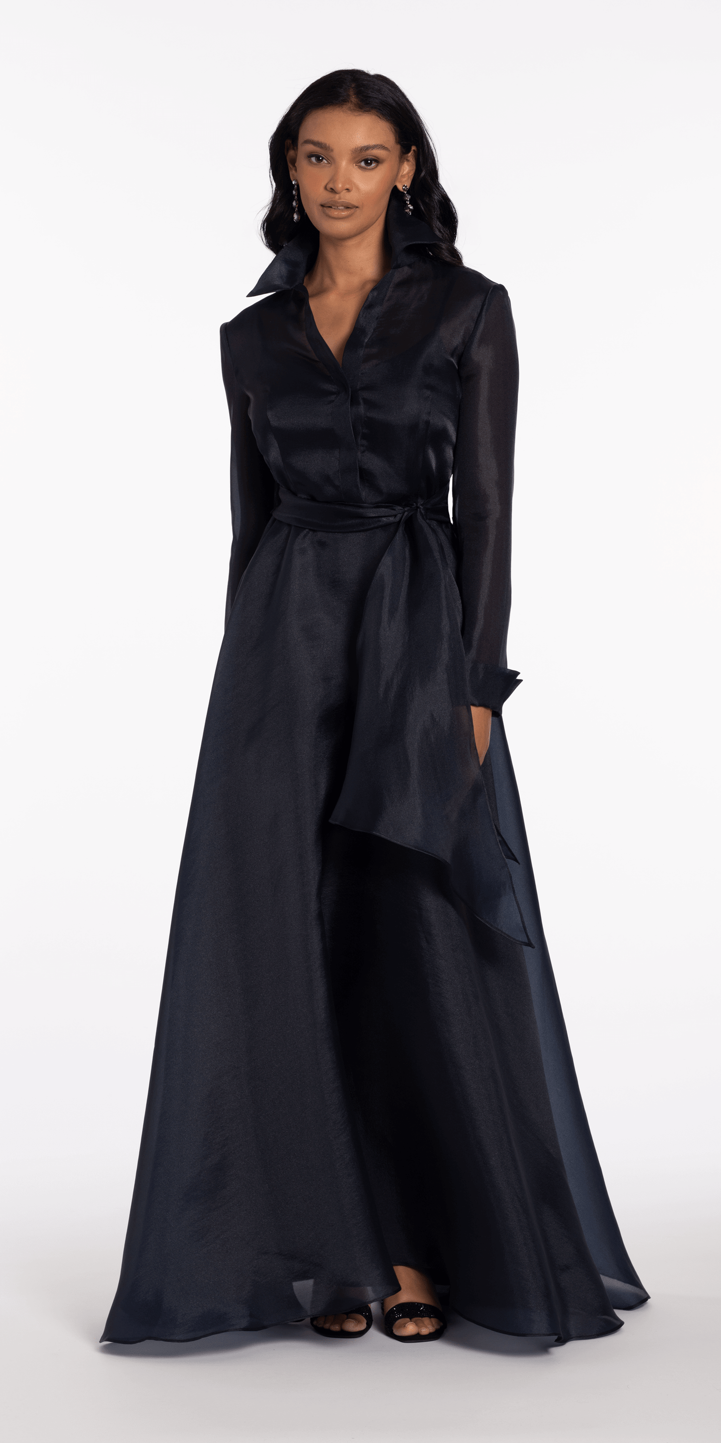 Organza Long Sleeve V Neck A Line Dress with Bow - Camille La Vie
