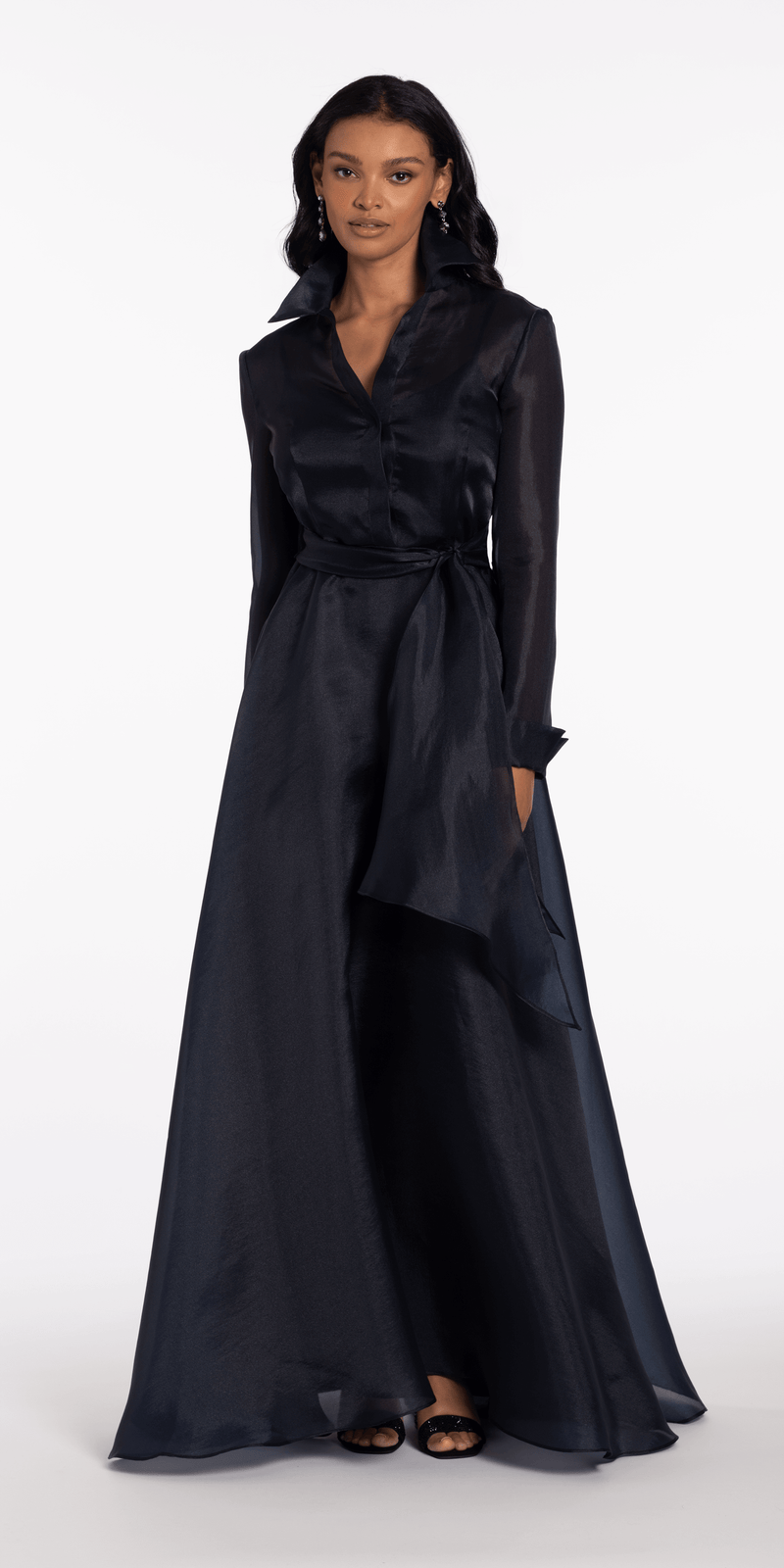 Organza Long Sleeve V Neck A Line Dress with Bow - Camille La Vie