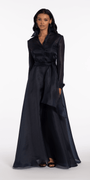 Organza Long Sleeve V Neck A Line Dress with Bow - Camille La Vie