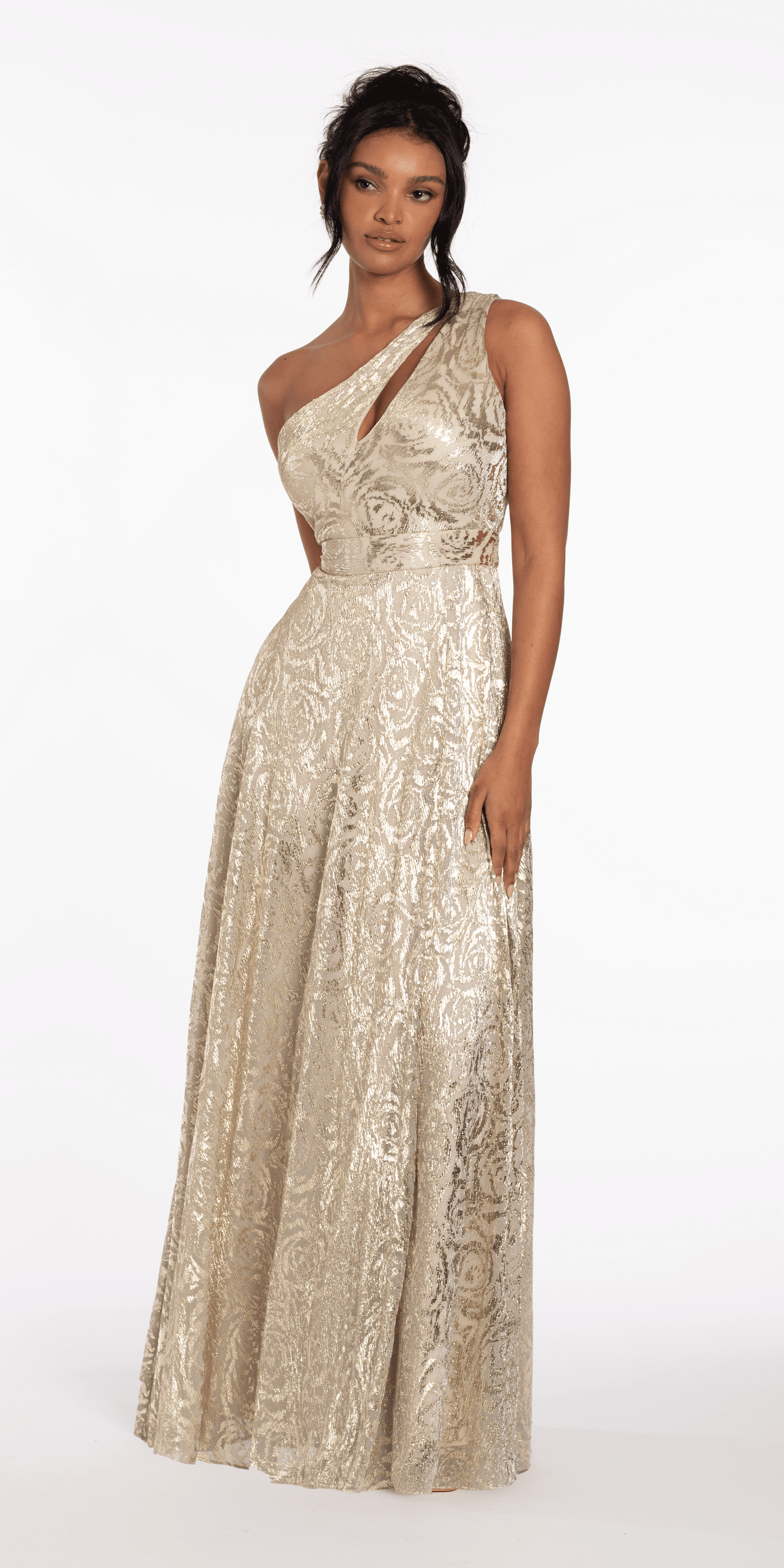 Foil Jacquard One Shoulder A Line Dress with Keyhole - Camille La Vie