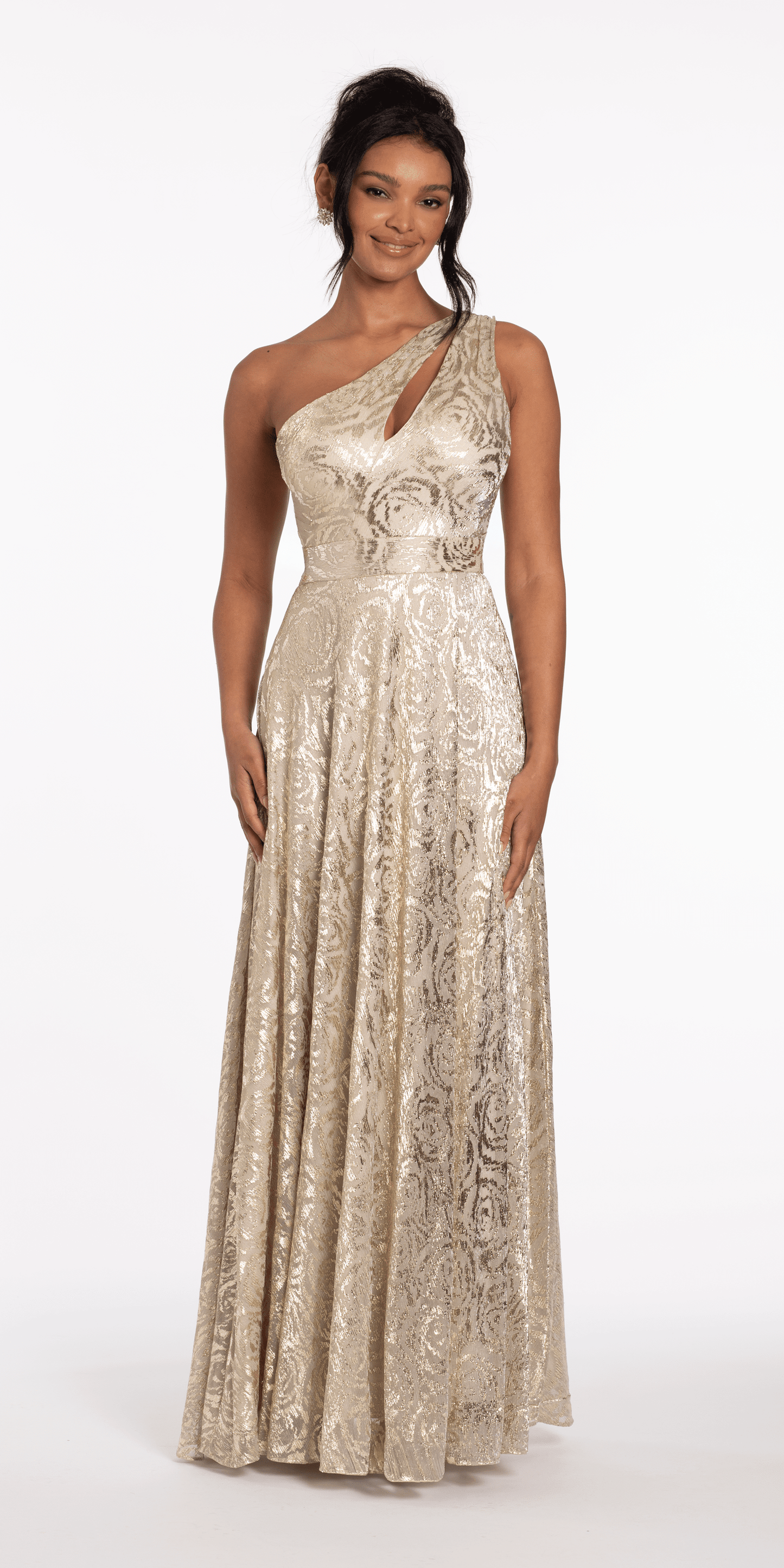 Foil Jacquard One Shoulder A Line Dress with Keyhole - Camille La Vie