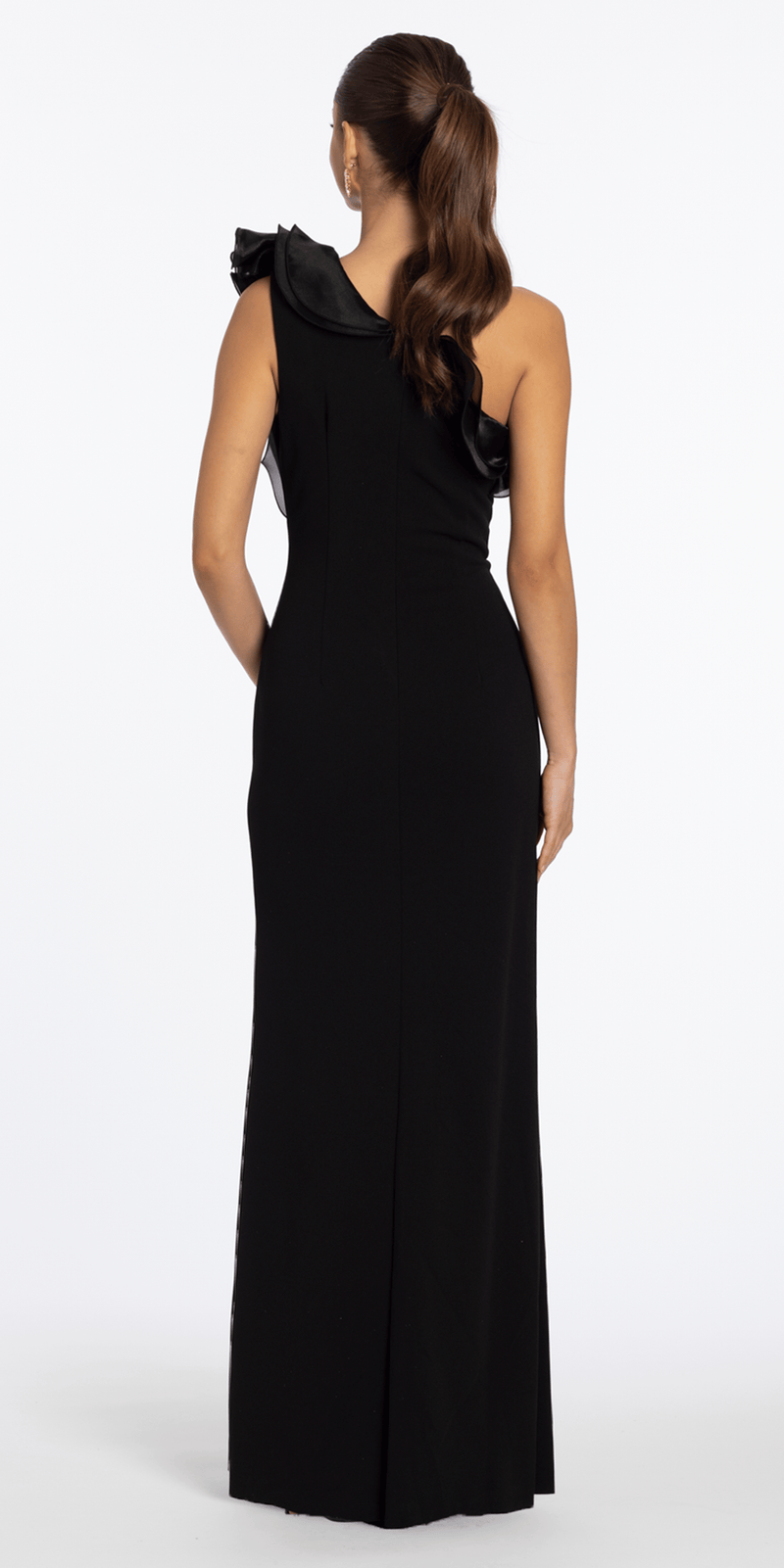 One Shoulder Scuba Column Dress with Organza Ruffle - Camille La Vie