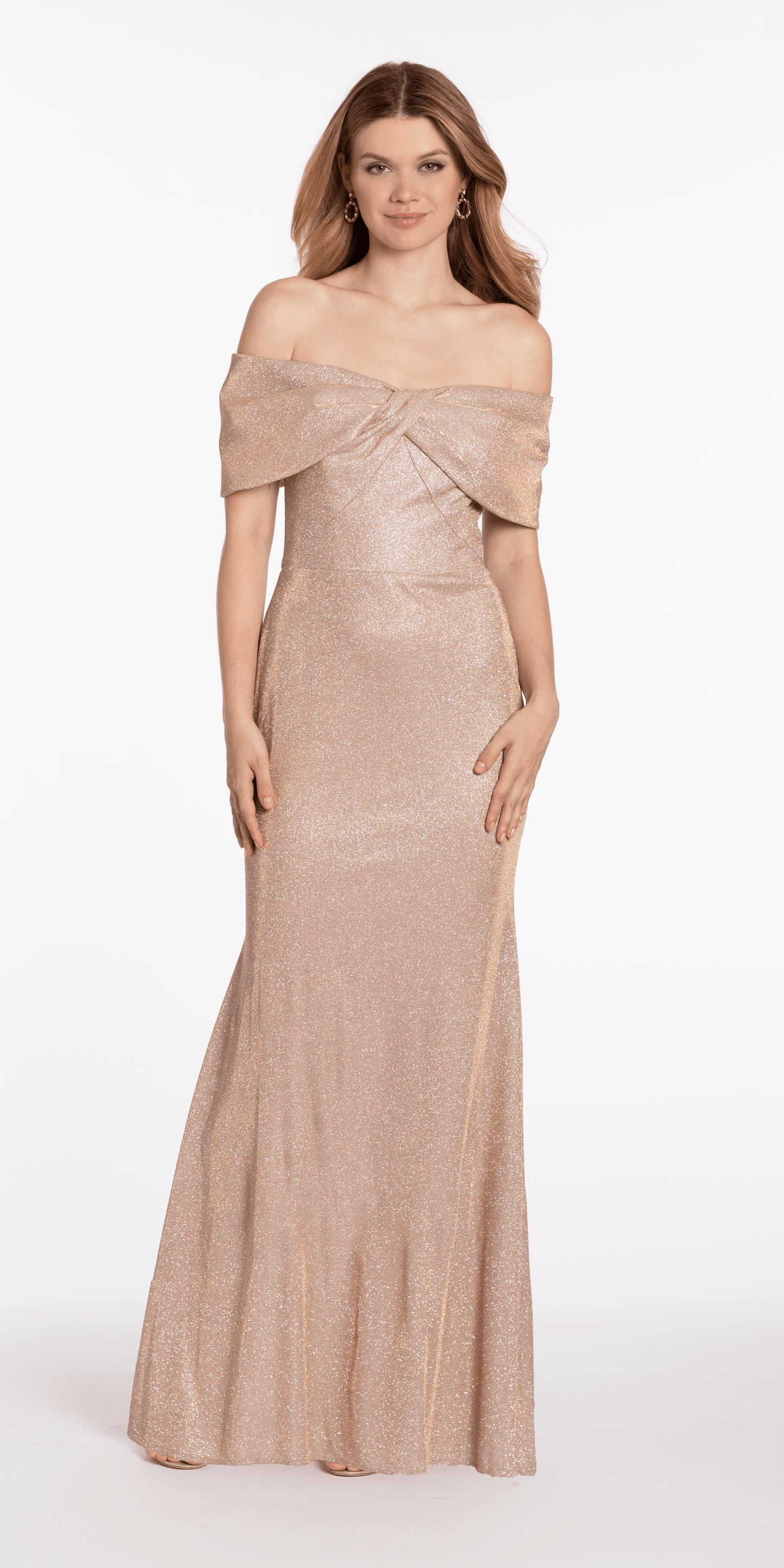 Shimmer Two Tone Off the Shoulder Bow Trumpet Dress - Camille La Vie