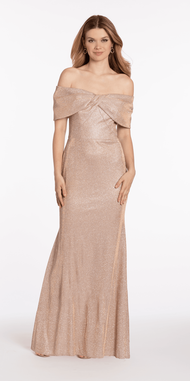 Shimmer Two Tone Off the Shoulder Bow Trumpet Dress - Camille La Vie