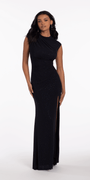 Jewel Neck Mesh Cap Sleeve Column Dress with Heat Set Stones - Camille La Vie