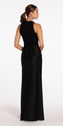 Drape Neck Jersey and Satin Column Dress with Side Sash - Camille La Vie