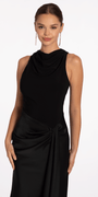 Drape Neck Jersey and Satin Column Dress with Side Sash - Camille La Vie