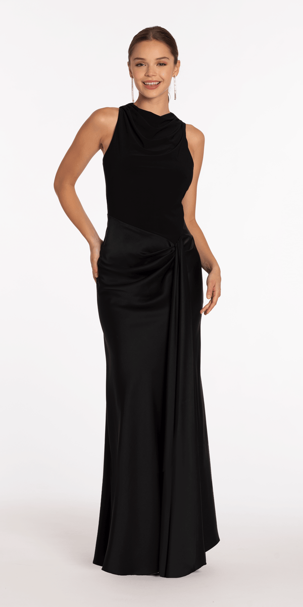 Drape Neck Jersey and Satin Column Dress with Side Sash - Camille La Vie