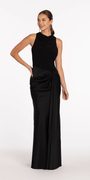 Drape Neck Jersey and Satin Column Dress with Side Sash - Camille La Vie