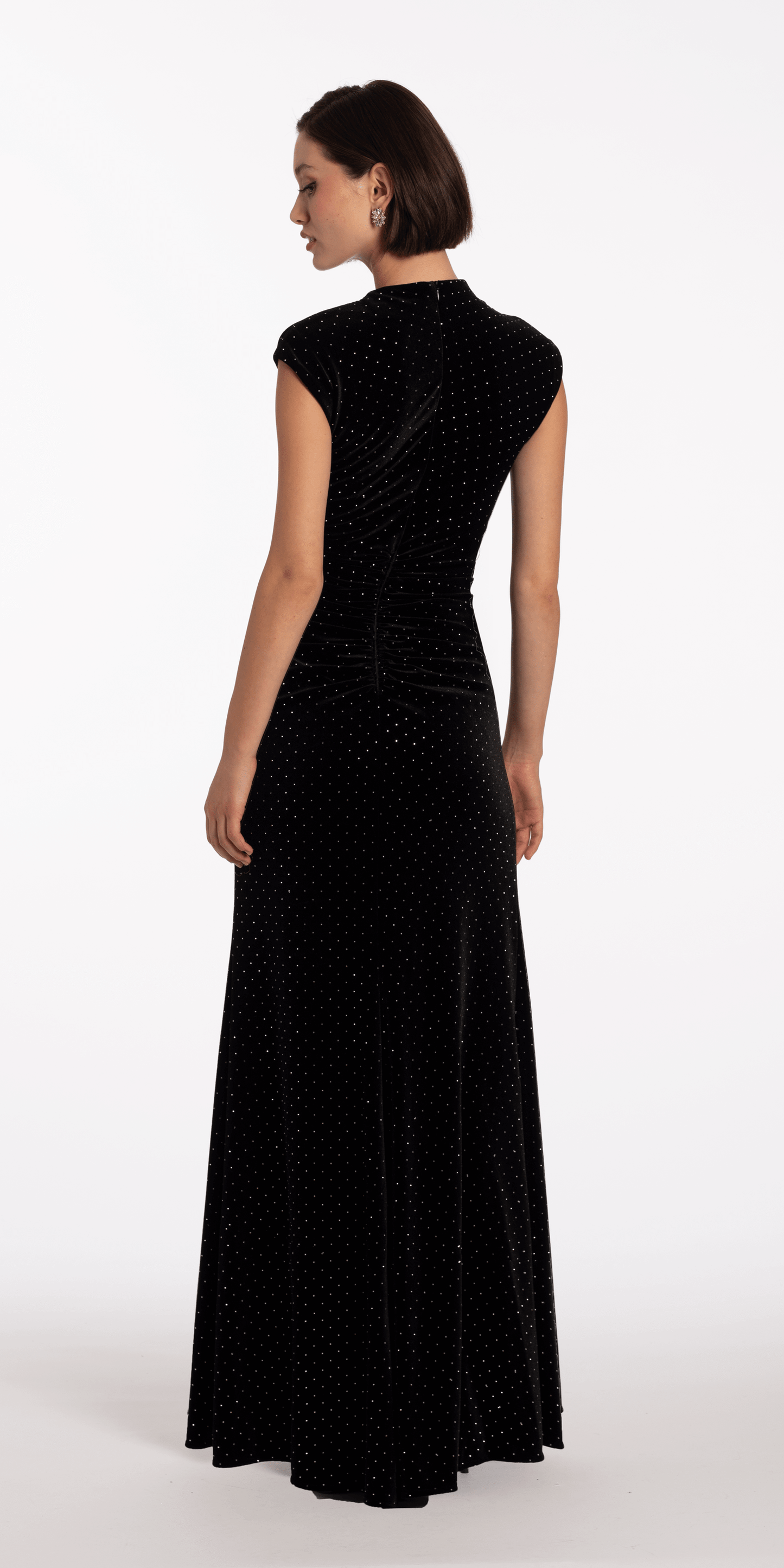 Stone Encrusted Velvet Mock Neck Cap Sleeve Column Dress - Camille La Vie