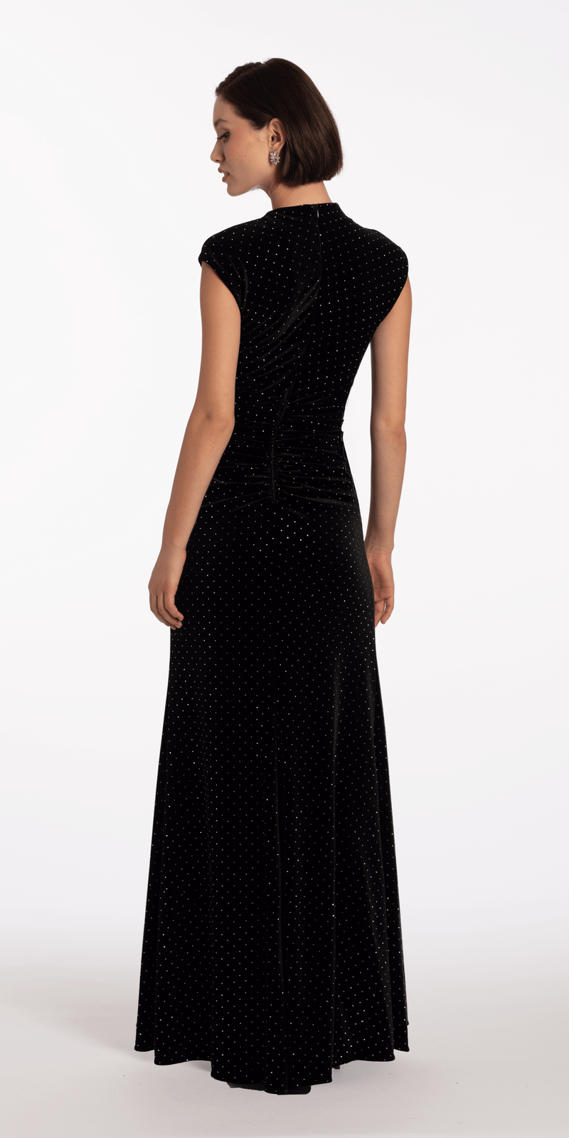 Stone Encrusted Velvet Mock Neck Cap Sleeve Column Dress - Camille La Vie