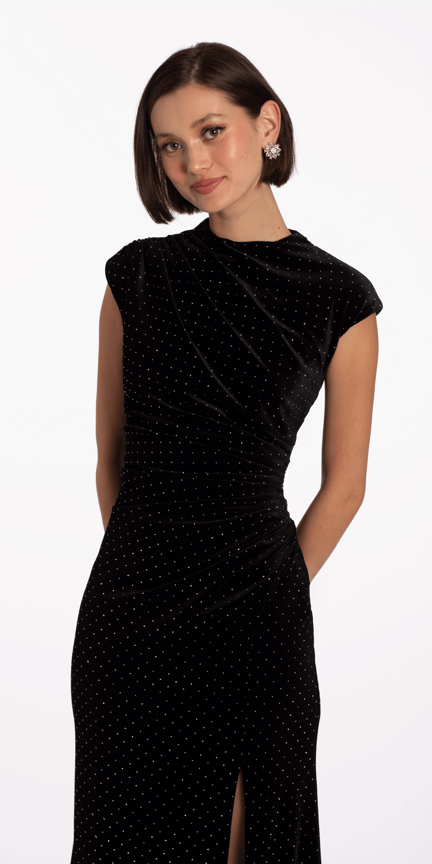 Stone Encrusted Velvet Mock Neck Cap Sleeve Column Dress - Camille La Vie