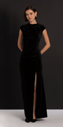 Stone Encrusted Velvet Mock Neck Cap Sleeve Column Dress - Camille La Vie