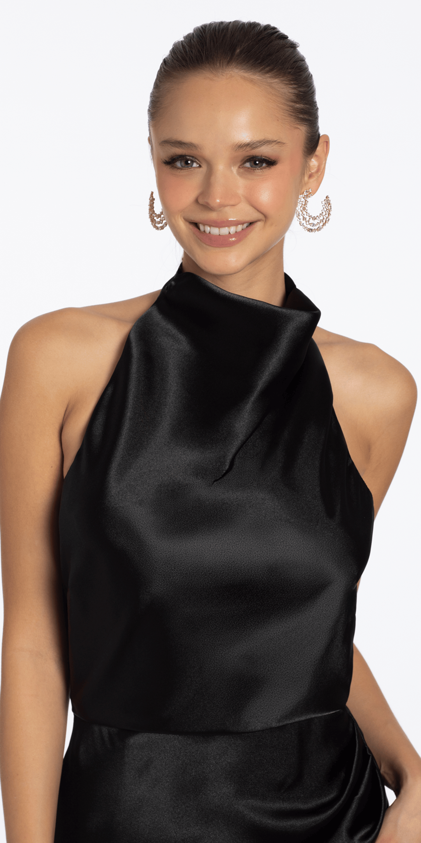 Satin Cowl Neck Halter Column Dress with Side Ruching - Camille La Vie