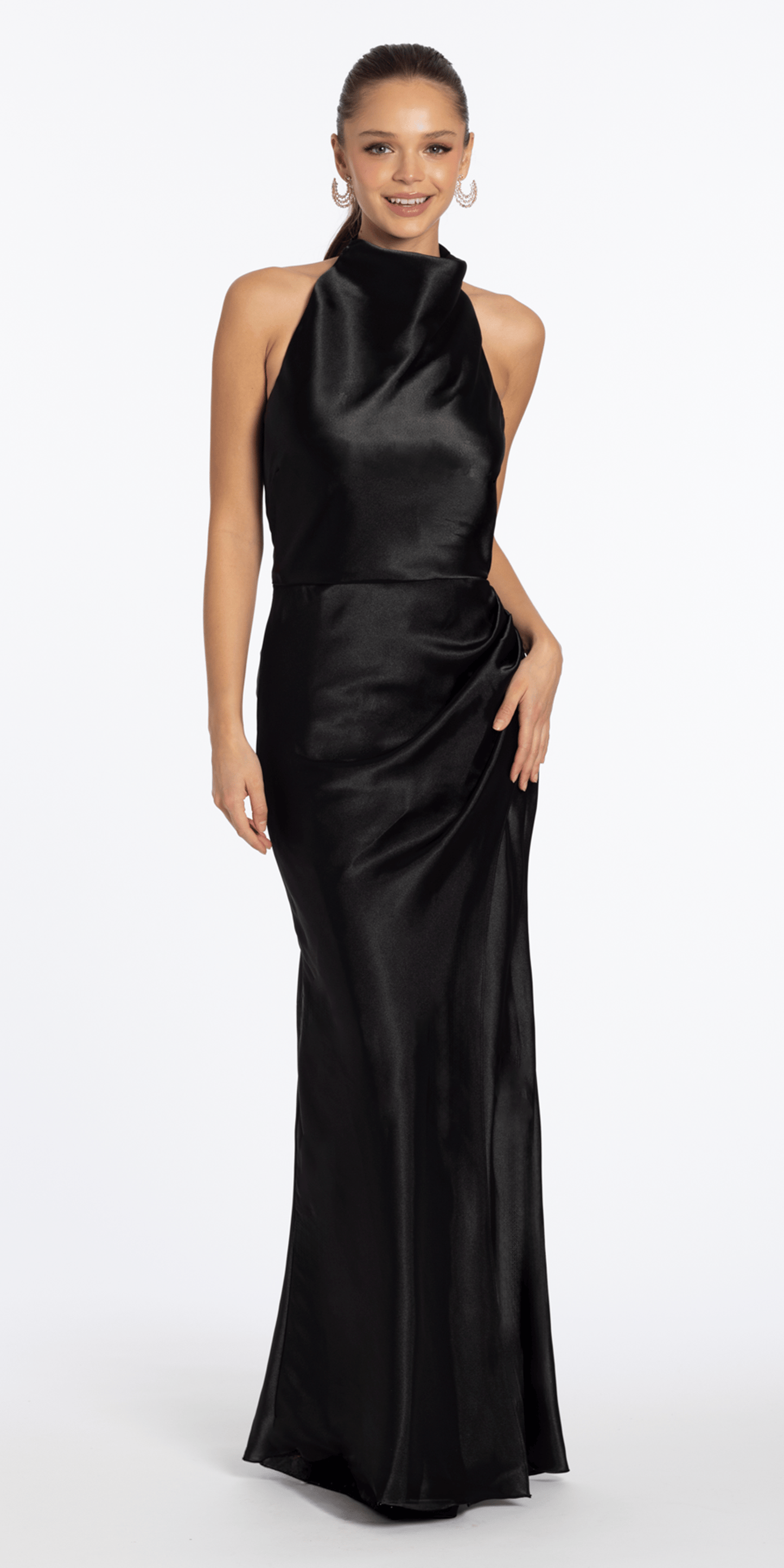 Satin Cowl Neck Halter Column Dress with Side Ruching - Camille La Vie
