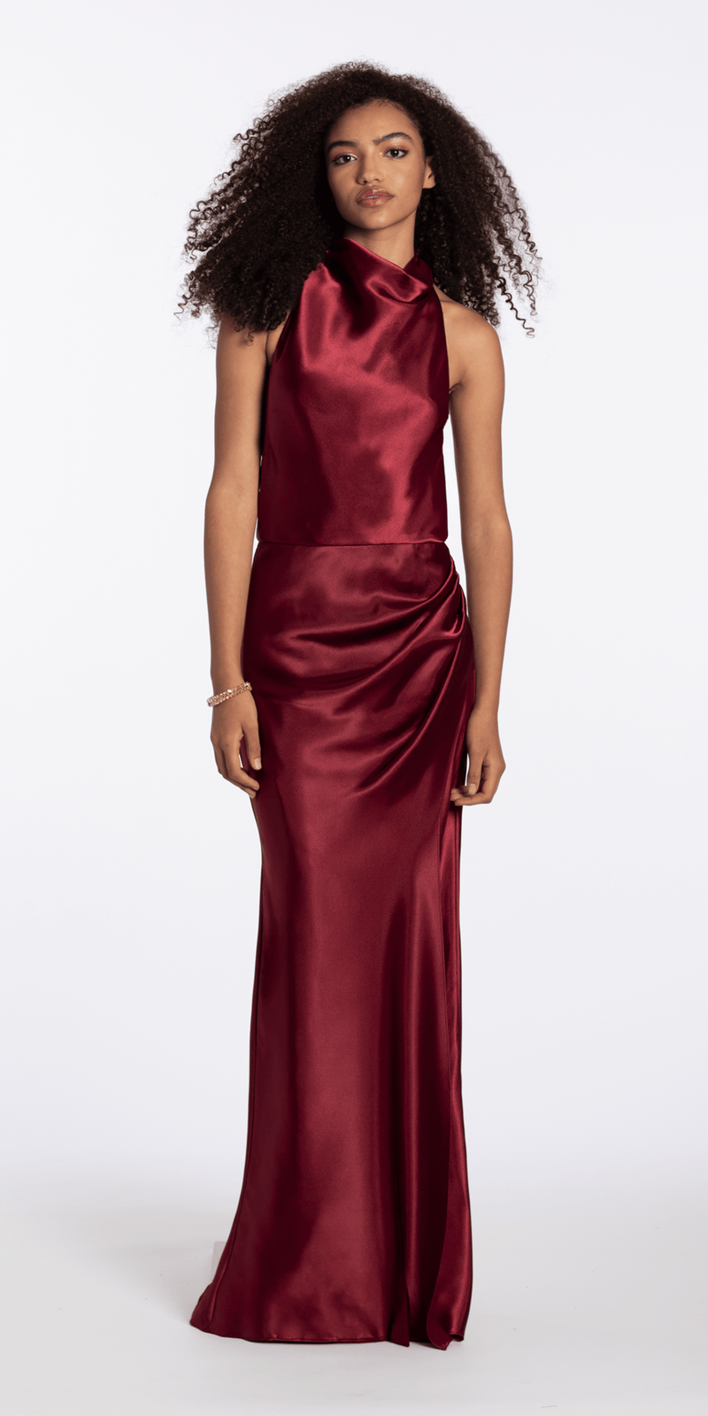 Camille La Vie Satin Cowl Neck Halter Column Dress with Side Ruching