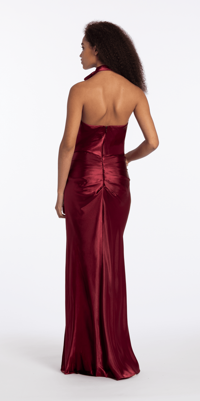 Camille La Vie Satin Cowl Neck Halter Column Dress with Side Ruching