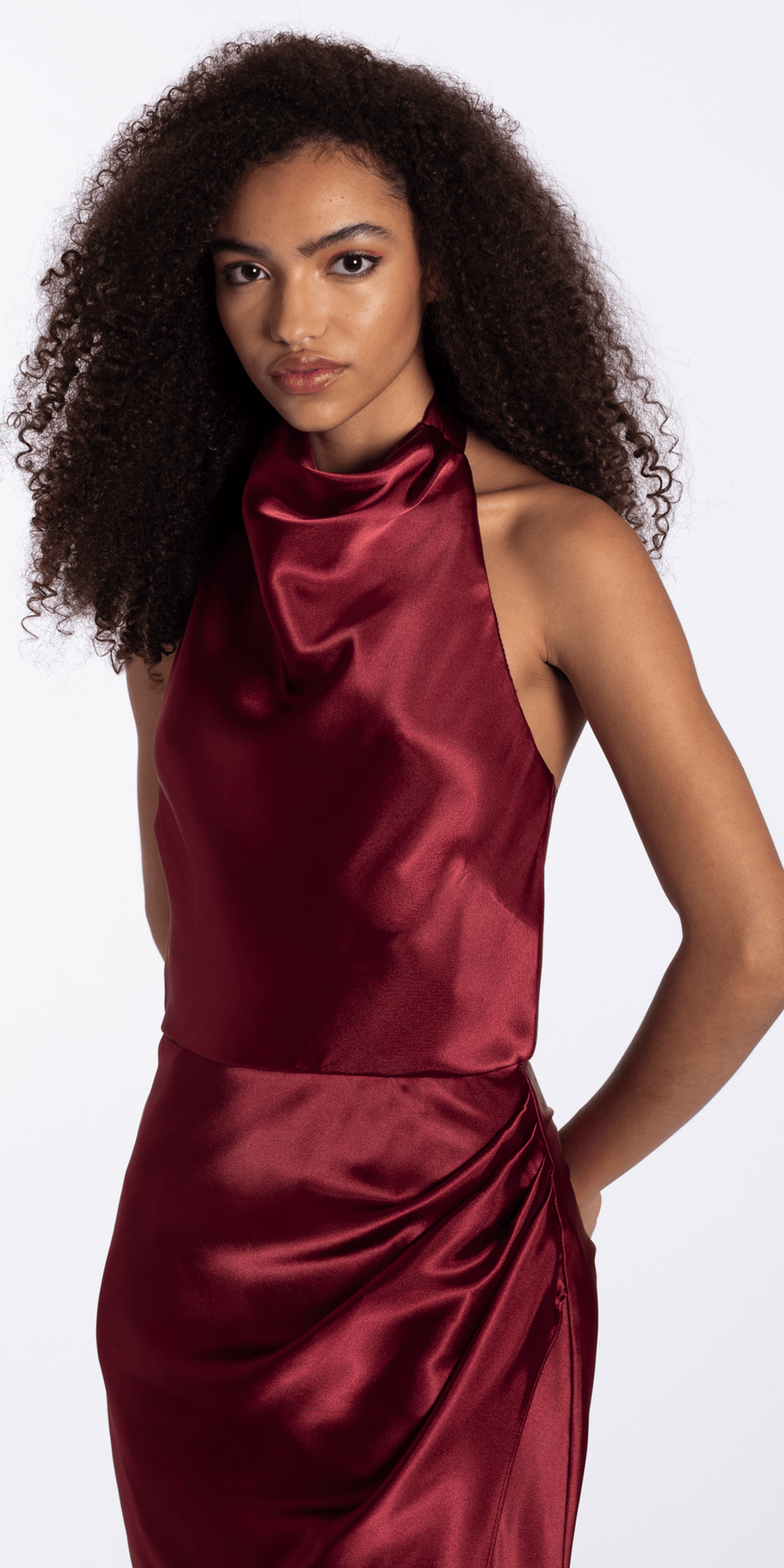 Camille La Vie Satin Cowl Neck Halter Column Dress with Side Ruching