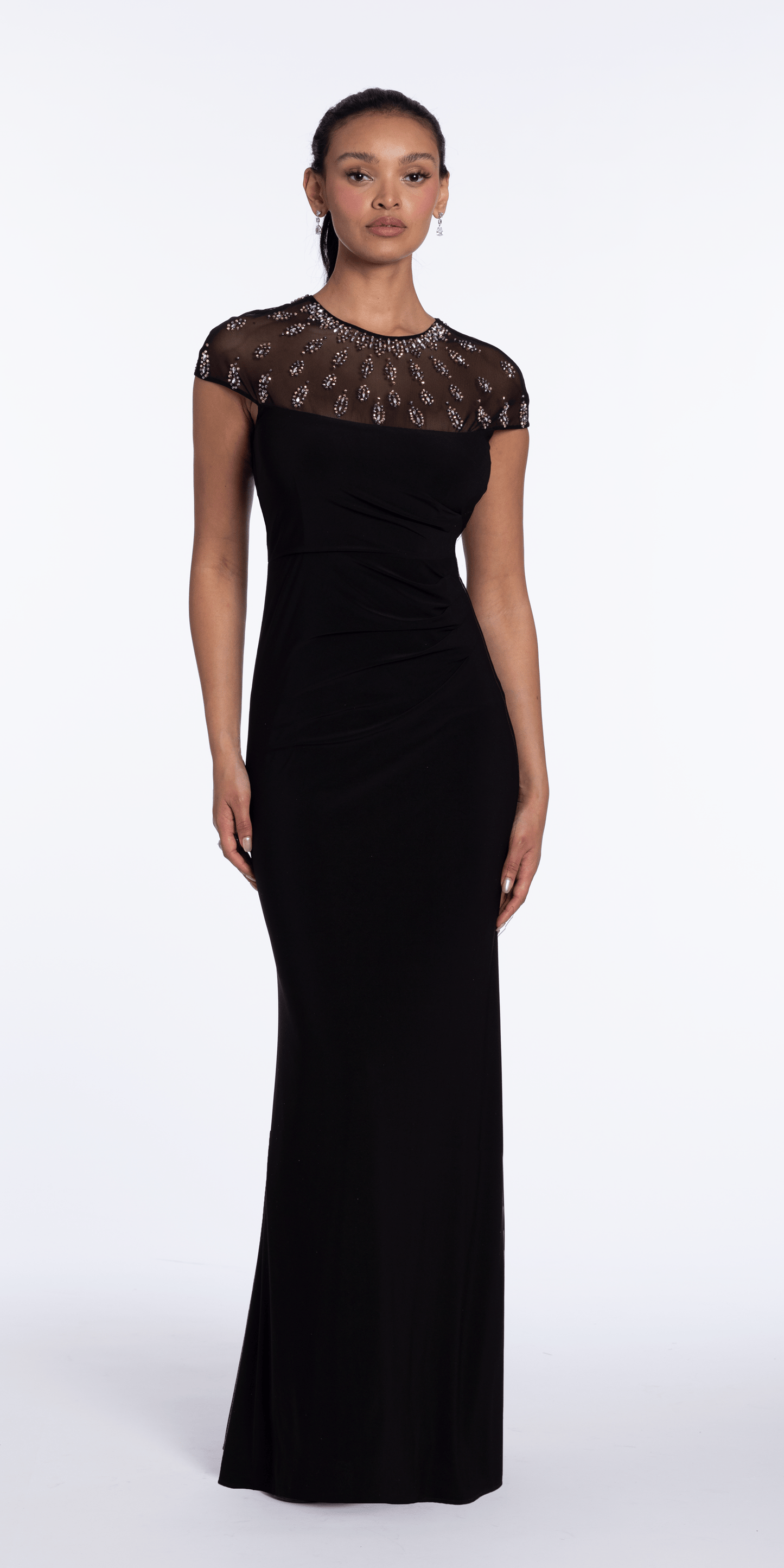 Beaded Illusion Cap Sleeve Jersey Column Dress - Camille La Vie