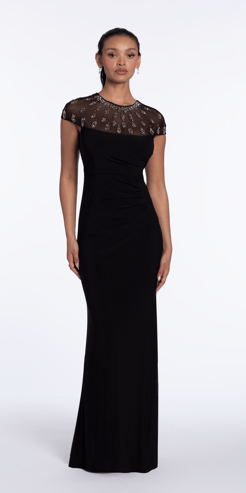 Beaded Illusion Cap Sleeve Jersey Column Dress - Camille La Vie