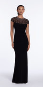Beaded Illusion Cap Sleeve Jersey Column Dress - Camille La Vie