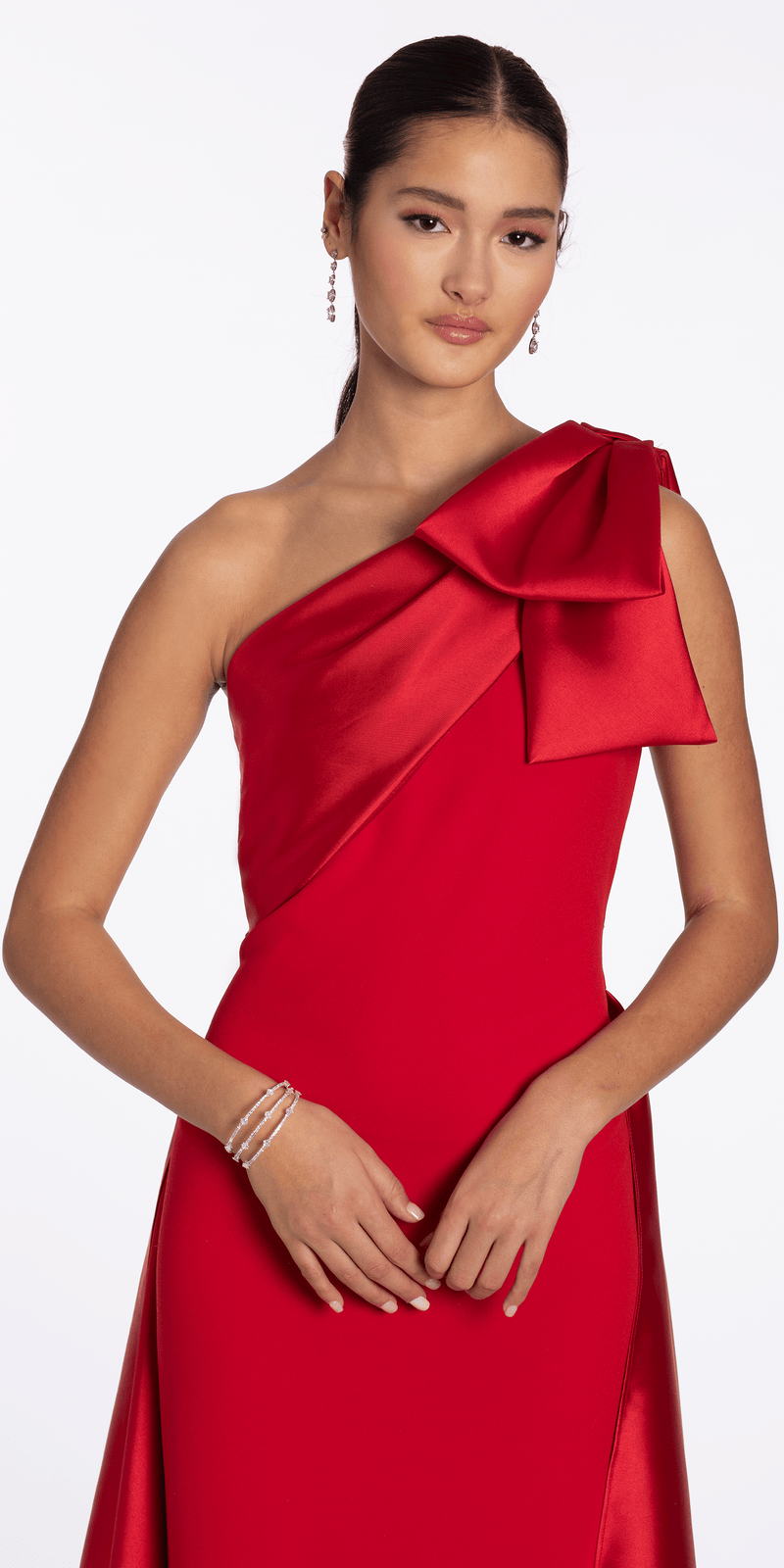 Stretch Crepe One Shoulder Dress with Mikado Cascades - Camille La Vie