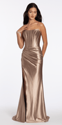 Stretch Satin Strapless Corset Dress with Heat Set Stones - Camille La Vie