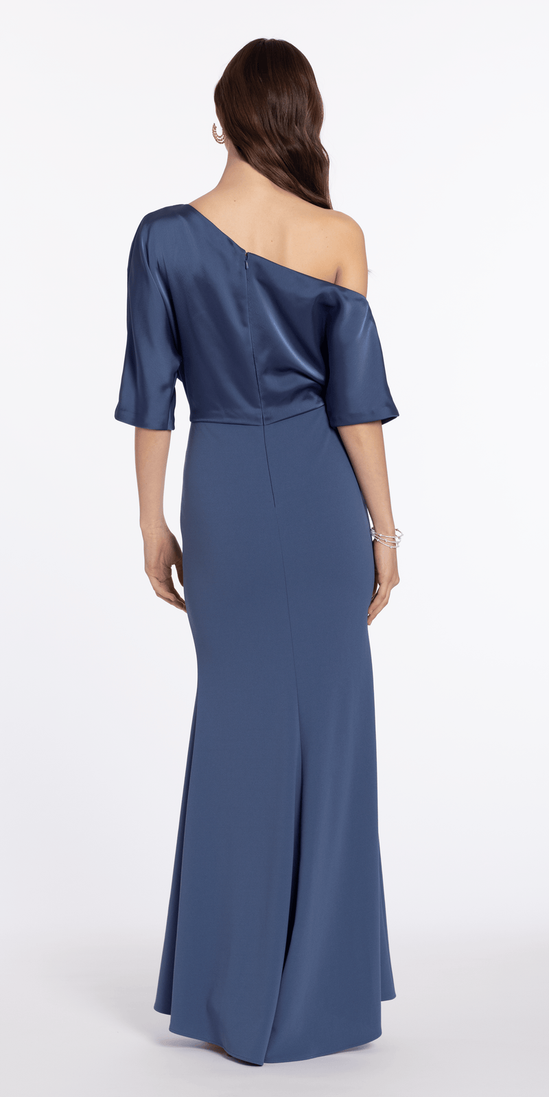 Satin Drape One Shoulder Short Sleeve Crepe Trumpet Dress - Camille La Vie