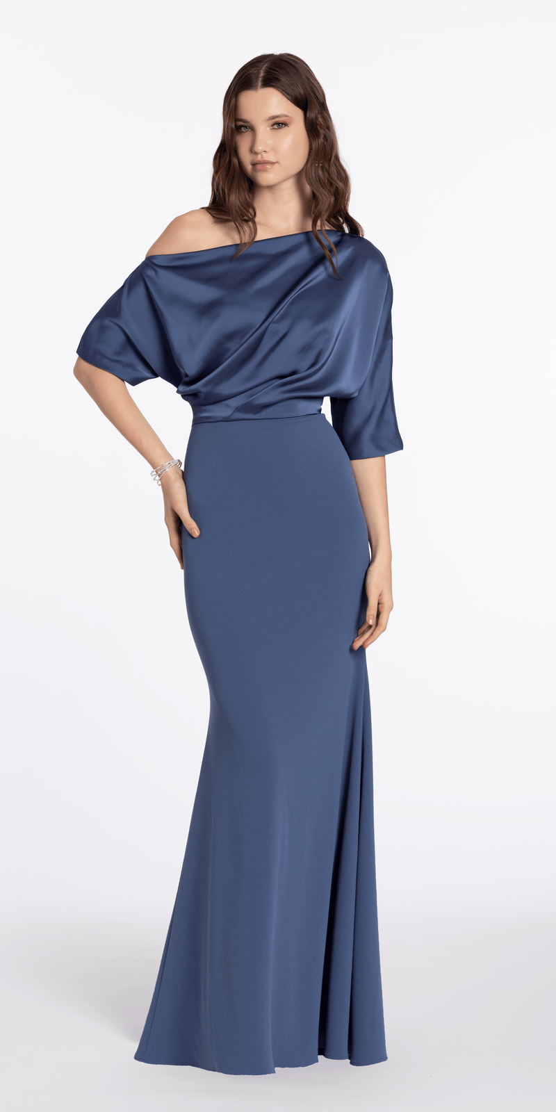 Satin Drape One Shoulder Short Sleeve Crepe Trumpet Dress - Camille La Vie