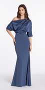 Satin Drape One Shoulder Short Sleeve Crepe Trumpet Dress - Camille La Vie